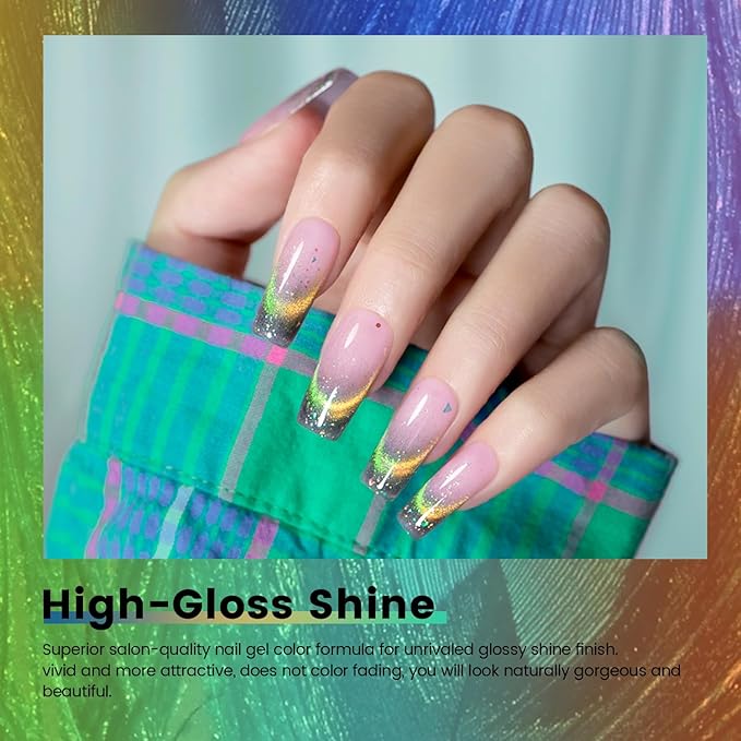 RARJSM Cat Eye Gel Nail Polish Set 6pcs 9D Rainbow Holographic Peacock Flakes Sparkle Cateye Glitter Green Blue Light Purple Orange Gel Polish with Magnetic Stick UV LED Curing Requires Soak Off