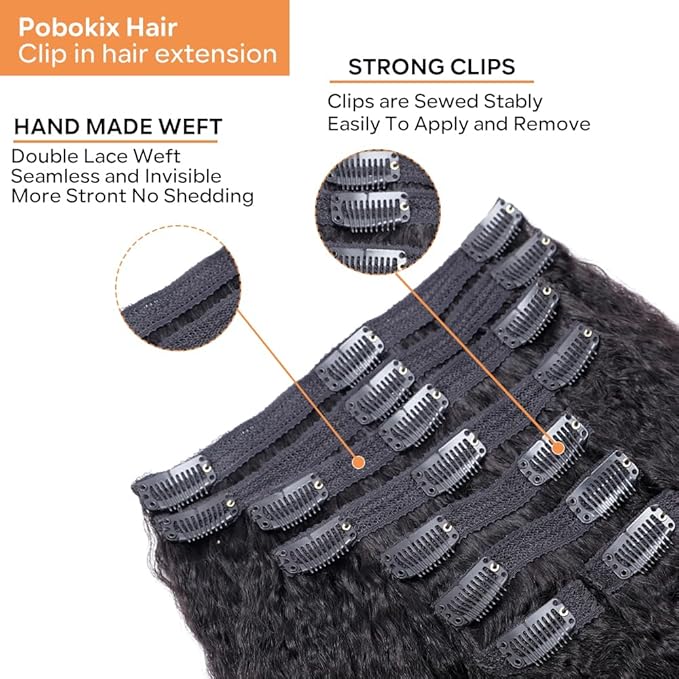 Kinky Straight Clip in Hair Extensions Real Human Hair 8Pcs Remy Human Hair Clip in Extensions for Women, Natural Human Hair 120g 14inch #1B Natural Black