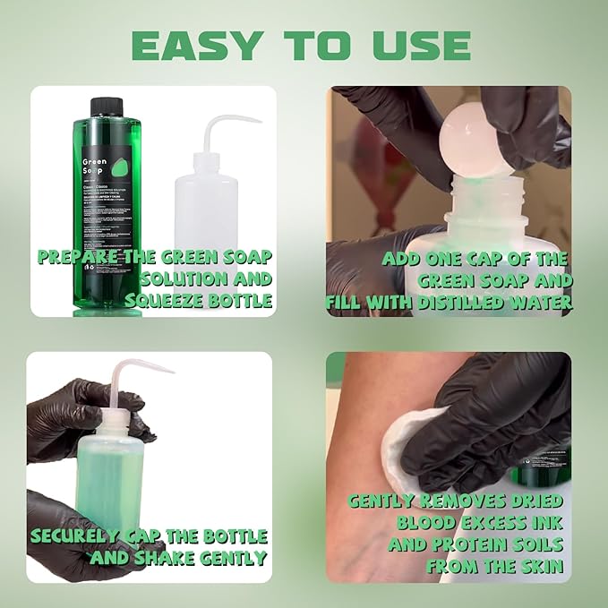 Green Soap Tattoo Cleaner Kit 8.5oz Ultra Concentrated Tattoo Soap + 8.5oz Squeeze Bottle — Professional Skin Prep & Piercing Aftercare for Tattooing Artists & Beginner