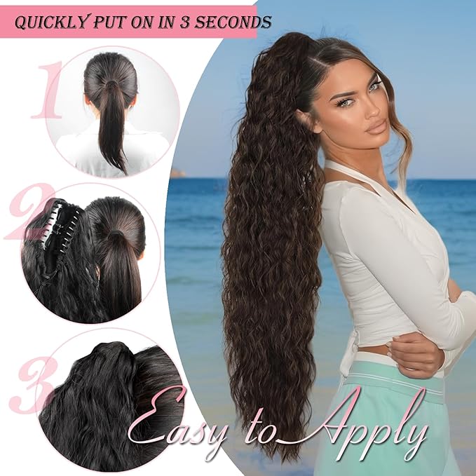ENBEAUTIFUL 30" Claw Clip Ponytail Extension Long Wavy Ponytail Extension Synthetic Fluffy Natural Looking Pony Tails Hair Extensions Clip in Hair pieces for Women Dark Brown