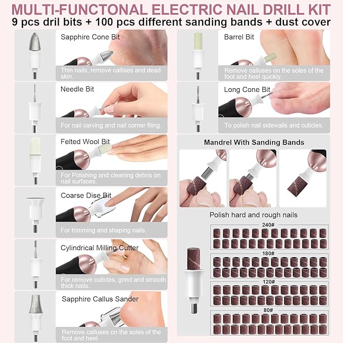2 Pack 5-Speed Cordless 9-in-1 Electric Nail Drill Set: 100 Bits, Ideal for Home DIY & Salon Precision