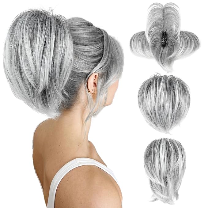 HOOJIH Ponytail Extension, Claw Clip in Straight Messy Hair Bun - 9 Inch Short Ponytail with Bendable Metal Wire Hair Pieces for Women - Fake Hair Bun - Ombre Gray with Platinum Gray Tails