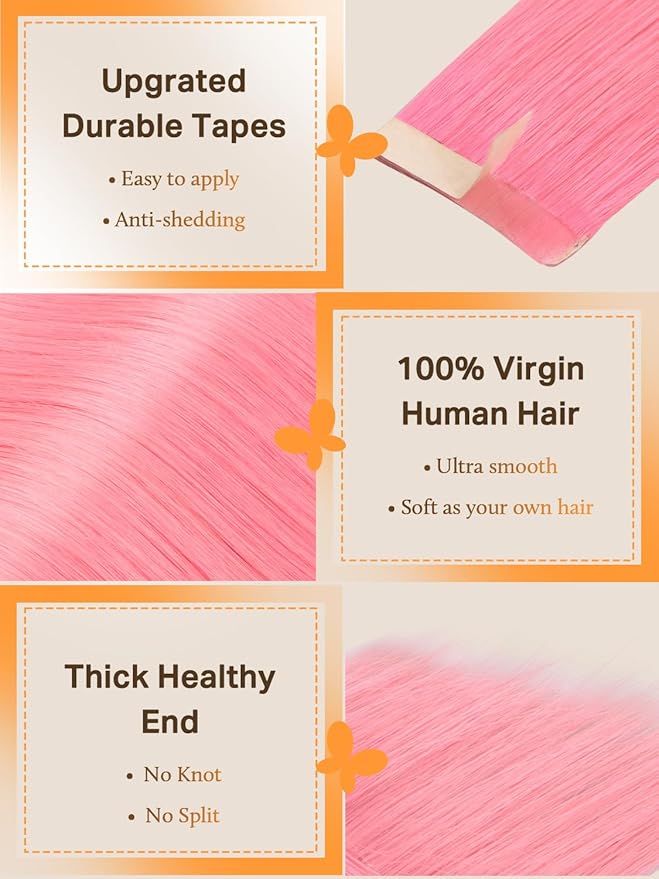DOORES Tape in Hair Extensions Real Human, Peach Pink Tape ins 20 Inch 30g 10pcs, Human Hair Extensions Tape in Straight Natural Hair Remy Natural Hair
