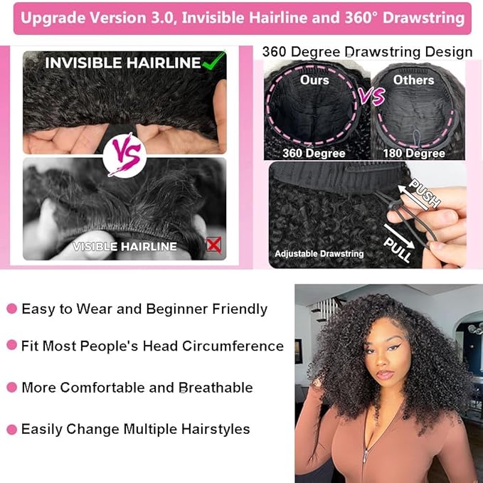 16 Inch Kinky Curly Half Wig Human Hair 200 Density Upgrade 3 In 1 Seamless Flip Over Half Drawstring Wigs Human Hair Glueless Wear And Go Beginner Friendly Glueless Wigs Human Hair For Black Women