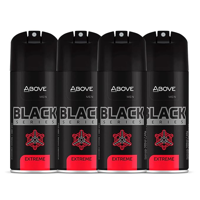 ABOVE Black Series Body Spray, Extreme, 4 pcs - Deodorant Spray - Woody Fragrance - Masks Perspiration Odors - Long-Lasting Dry Spray - Cruelty-Free
