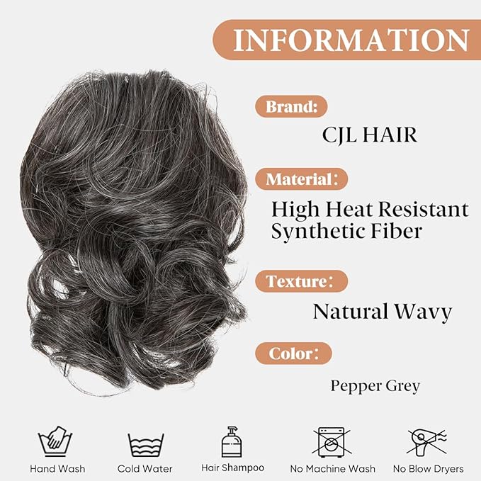 CJL HAIR Claw Clip Short Ponytail Hair Extensions DIY Bendable Metals Messy Bun Hair Piece for Wonen Wavy Curly Synthetic Fake Hairpieces Pepper Grey