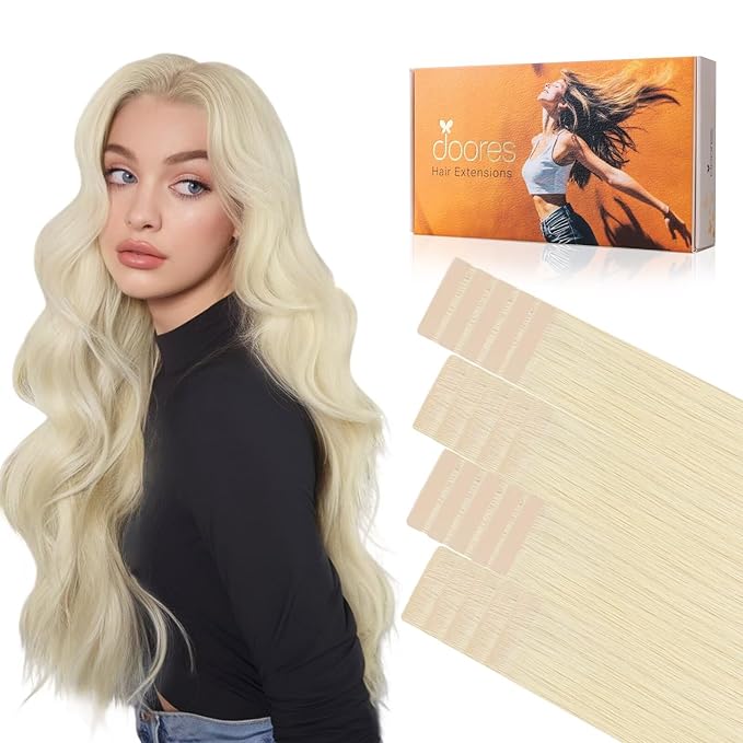 DOORES Invisi Edge Tape in Hair Extensions Real Human Hair, Platinum Blonde 10 Injection Tape-ins with 10 Classic Tape-ins 50g 22 Inch, Injected Tape in Extensions Virgin Human