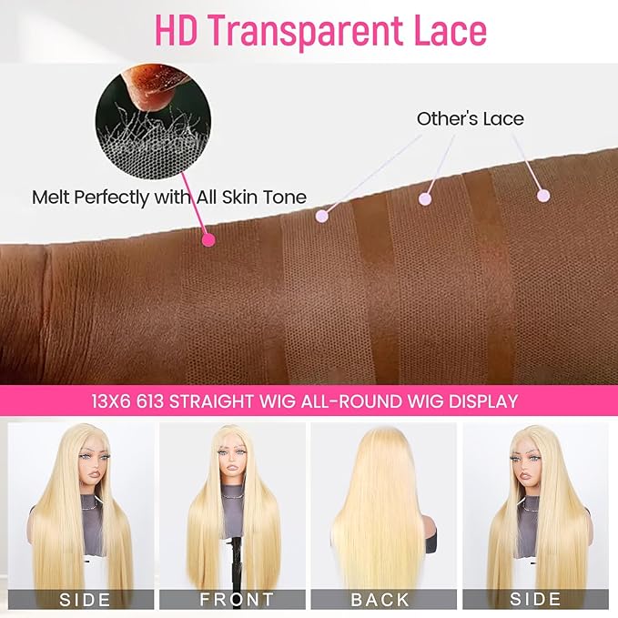 613 Lace Front Wig Human Hair 200 Density 13x6 Blonde Wig Human Hair 613 Straight HD Lace Front Wigs Human Hair Pre Plucked Blonde Wig for Women (28inch)