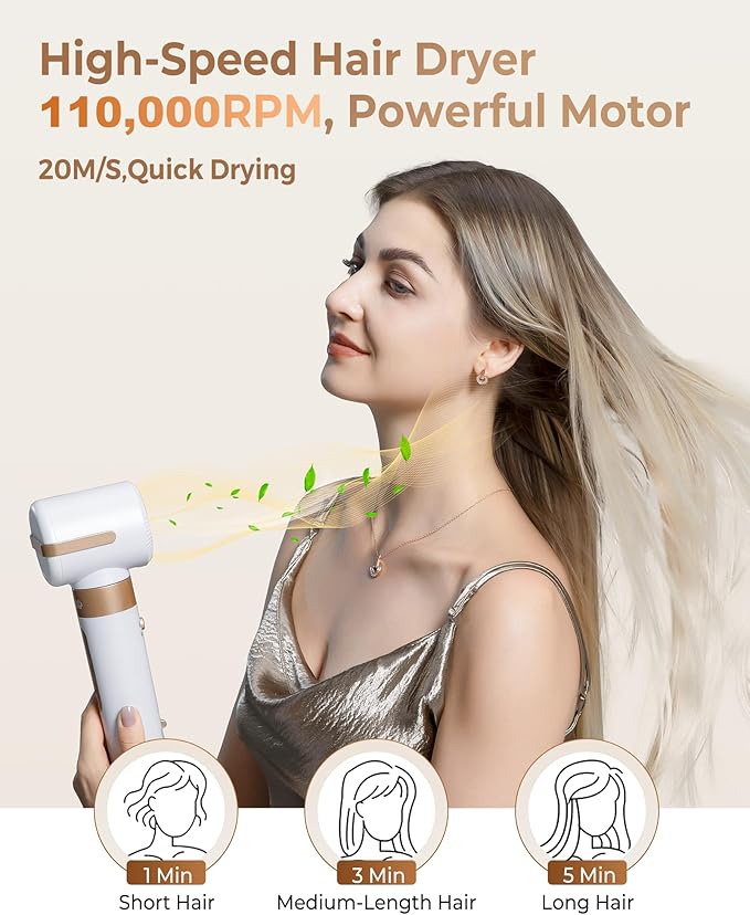 UKLISS Hair Dryer Brush 7 in 1，110000 RPM Hair Dryer with Diffuser for Curly & Twisted Hair Professional Ionic Brush Blow Dryer for Salon-Quality Styling, White Gold