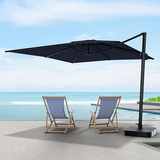 Midtown Umbrellas 9 x 9 FT Outdoor Cantilever Patio Umbrella w/Terylast Navy Blue Fabric - Rotate 360° Offset Patio Umbrella, Deck Patio Umbrella, Backyard Umbrella & Garden Umbrella - Black Frame