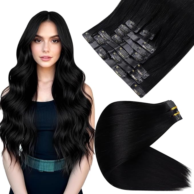 Full Shine Seamless Clip in Hair Extension Black Human Hair Clip in Extensions Jet Black PU Weft Clip in Human Hair Extensions Add Volume Natural Ends For Long Hair 20 Inch 8 PCS 120 G