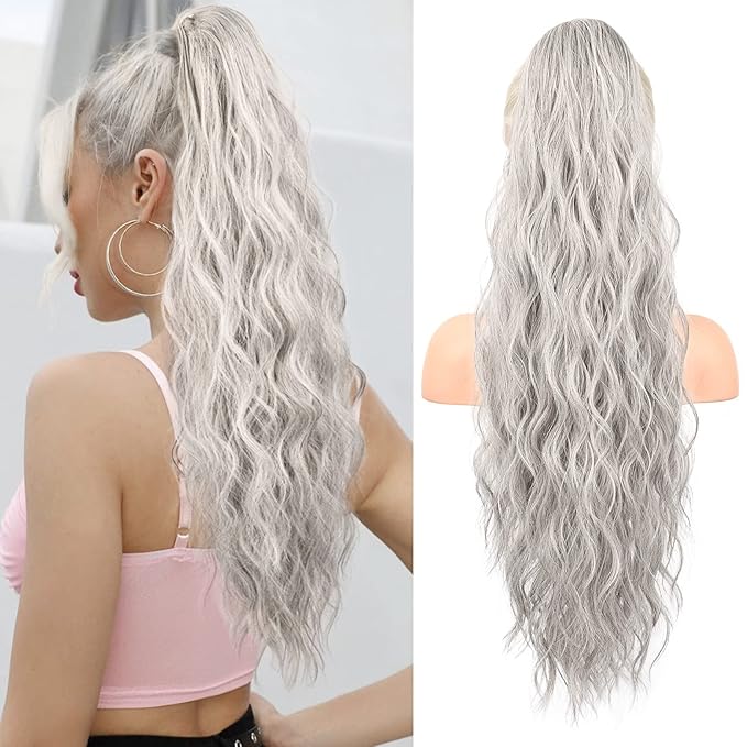 FLUFYMOOZ Ponytail Extension, 26 Inch Drawstring Ponytail Hair Extensions for Women， Long Curly Wavy Ponytail Natural Wavy Synthetic Hairpiece for Women (26 Inch Grey/Silver/White Mixed)