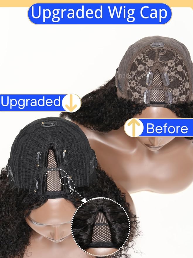 Nadula EasiContour V Part Yaki Straight Human Hair No Leave Out Clip in V-part Wig,12A Glueless Upgrade U Part Light Kinky Straight Human Hair Wig 180% Density with Elastic Drawstring 20inch