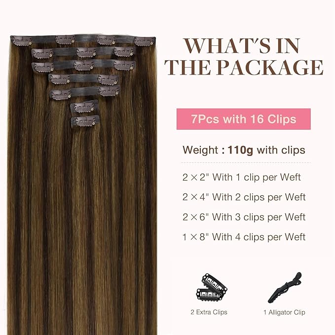 GOO GOO Clip in Hair Extensions Real Human Hair, Remy Human Hair Extensions Clip ins for Women, Natural Human Hair, 22 Inch 140g 7Pcs, 2C/4E/6C Brown Sugar Swirl Highlights