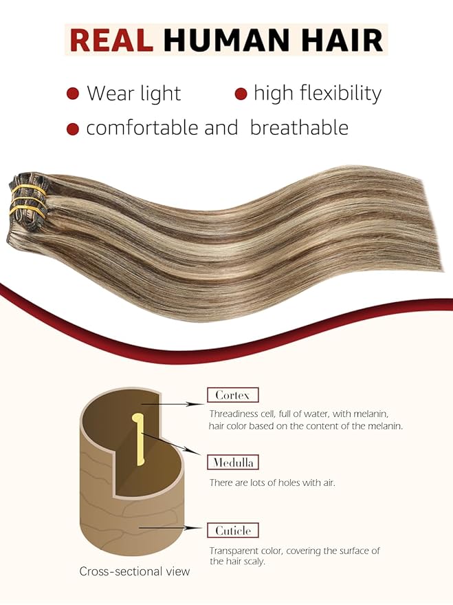 Clip in Hair Extensions Real Human Hair, 16 Inch 100g, Chocolate Brown to Dark Blonde Piano Color, Natural Straight Clip On Hair Extensions 6pcs Per Set with 18 Clips Double drawn(#4P27,16'')