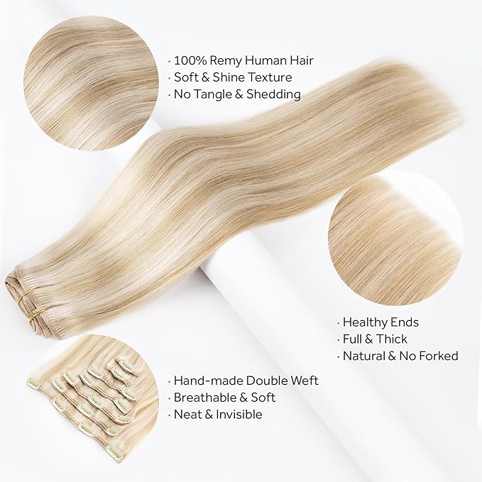 Clip in Hair Extensions Real Human Hair, 100% Remy Hair Extensions Clip Ins, Dark Blonde Highlighted Bleach Blonde Hair Extension for Women, #P18A/613A 20Inch 120G 7PCS