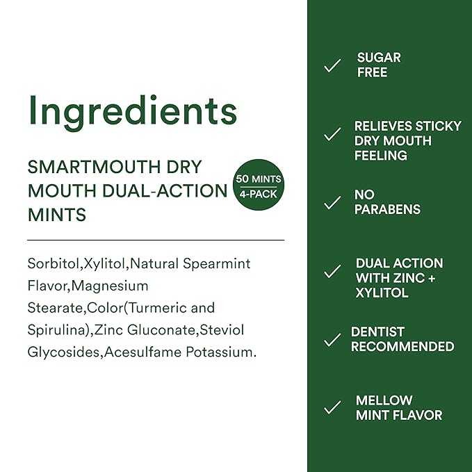 SmartMouth Dry Mouth Dual-Action Mints - Sugar-Free - 50 Count, 4 Pack, Mellow Mint
