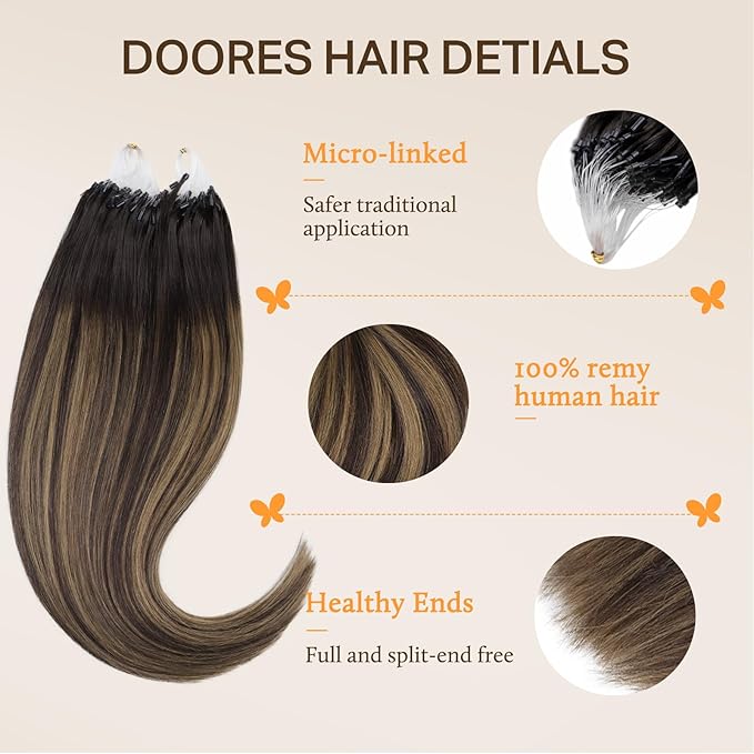 DOORES Microlink Hair Extensions Human Hair, Balayage Dark Brown to Chestnut Brown 16 Inch 50g/50s