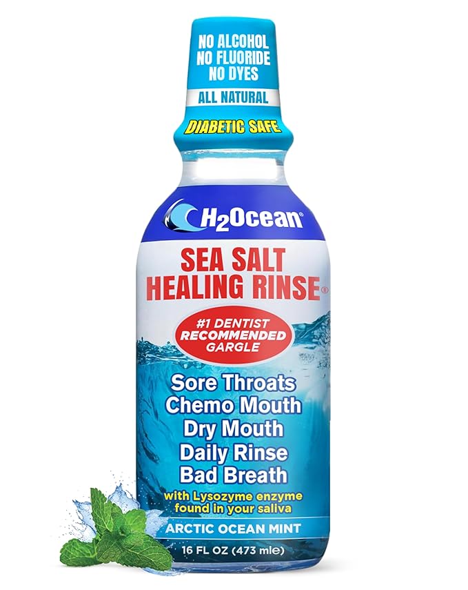 H2Ocean Healing Rinse Natural Sea Salt Mouthwash - Alcohol & Fluoride-Free Oral Care for Sore Throats, Wisdom Teeth Recovery & Gum Health - Mouth Rinse & Whitening Mouthwash, Arctic Ocean Mint, 16 oz