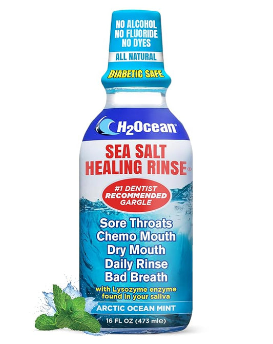 H2Ocean Healing Rinse Natural Sea Salt Mouthwash - Alcohol & Fluoride-Free Oral Care for Sore Throats, Wisdom Teeth Recovery & Gum Health - Mouth Rinse & Whitening Mouthwash, Arctic Ocean Mint, 16 oz