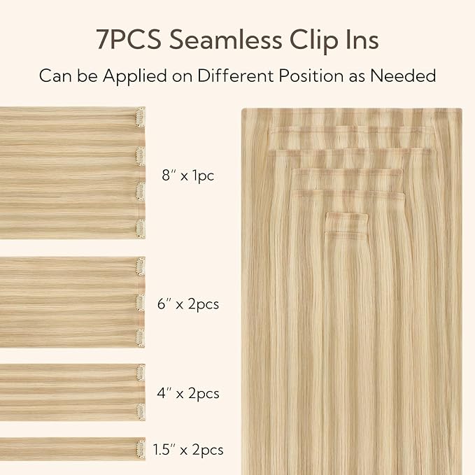 HOTBANANA Seamless Clip in Hair Extensions 18 inch 130g 7pcs Dirty Blonde Highlighted Bleach Blonde Clip in Remy Human Hair Extensions Straight Hair Invisible PU Skin Weft