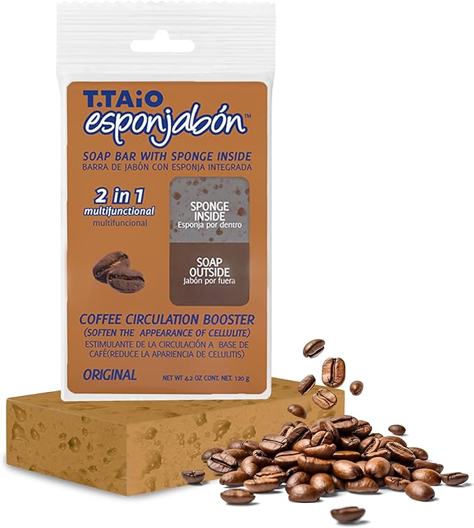 T.Taio Coffee Esponjabon Soap Sponge - Cleansing Shower Scrubber - Cleaning Bath Wash Scrub - Oil Removal - Massage & Lather Foot, Elbow, & Face - Bathroom Accessories (2-Pack)