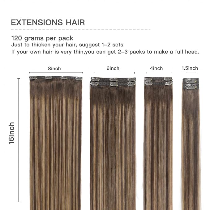 Clip in Hair Extensions Balayage Chocolate Brown to Caramel Blonde Real Human Hair Extensions 16 Inch 7pcs 120g Remy Hair Extensions for Women Clip Extensions Full Head Straight Hair