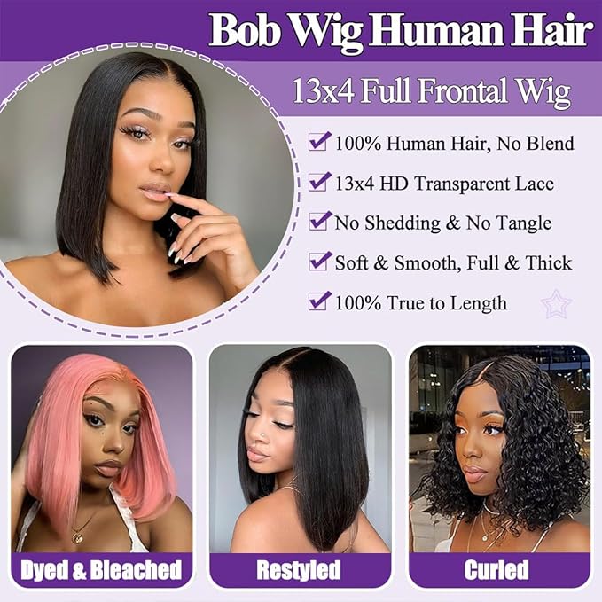 LICHANG 14 Inch 13x4 Bob Wigs Human Hair Front Wigs Human Hair 180% Density Straight Short Bob Wigs for Women