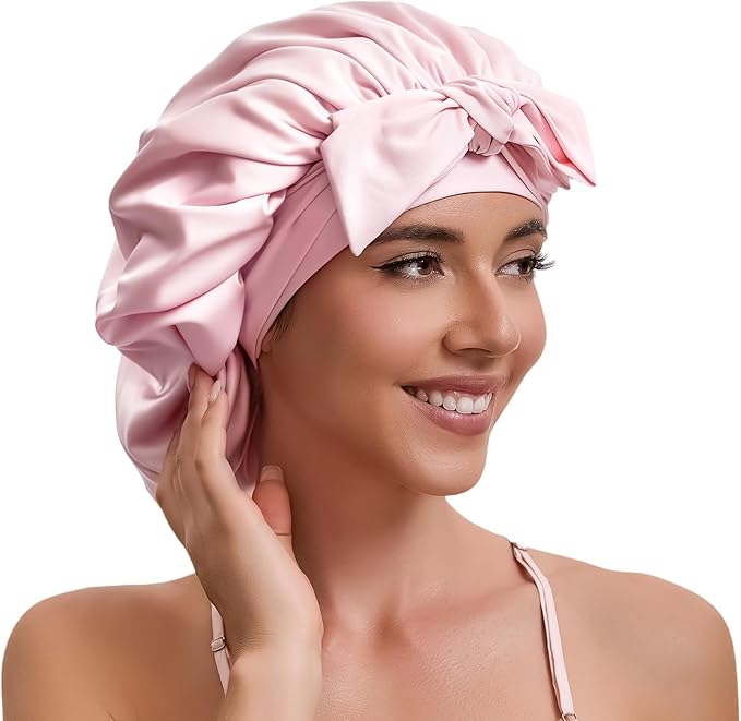 Silk Satin Bonnet Hair Wrap for Sleeping Women, Adjustable Tie Band Double Layer Sleep Night Head Cover for Curly Braid Fine