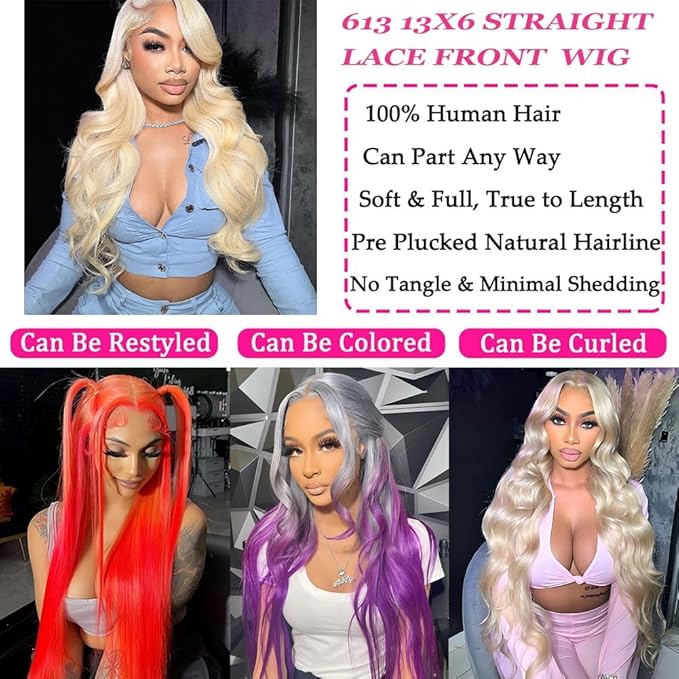 30 Inch 613 13x6 Lace Front Wig Human Hair 200% Density Blonde Body Wave Lace Front Wigs Human Hair Pre Plucked 613 Blonde HD Lace Frontal Wigs