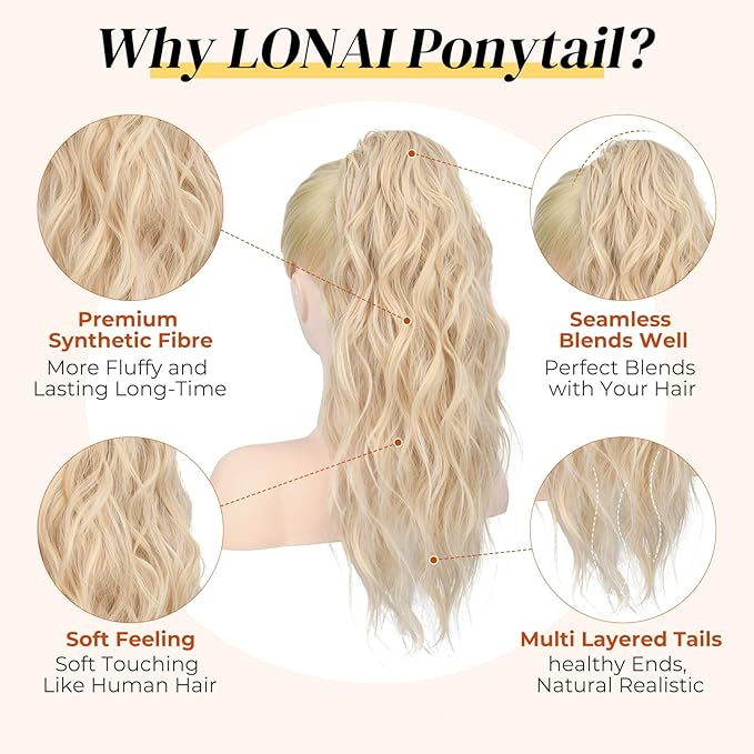 LONAI Ponytail Extension, 18" Blonde Wavy Claw Clip Ponytail Extensions ZJ001 Shoulder Length Curly Wavy Claw Clip in Ponytail Hair Extensions Synthetic Fake Pony tails Hairpieces-Platinum Blonde