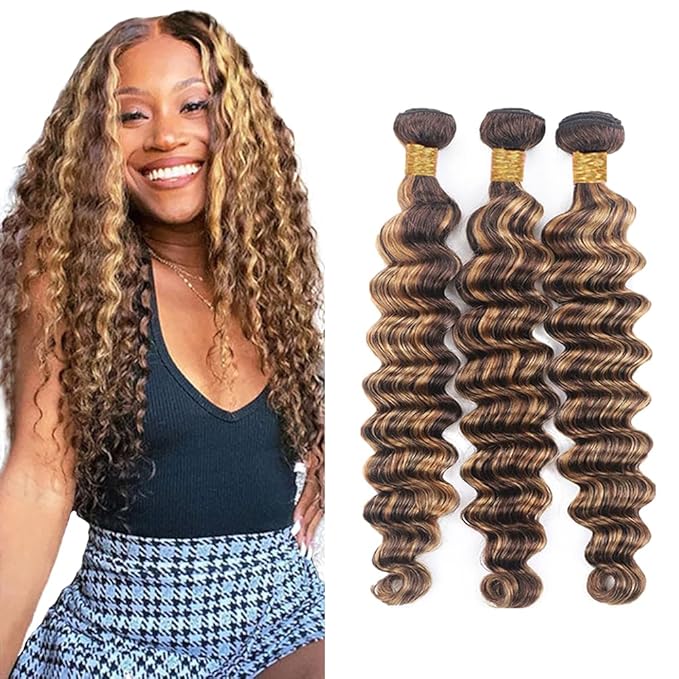 Freiuoke P4/27 Deep Wave Bundles Color 27 Loose Deep Wave Bundle Human Hair Unprocessed Virgin Hair 3 Bundles 12 14 16 Inch Honey Blonde Bundle
