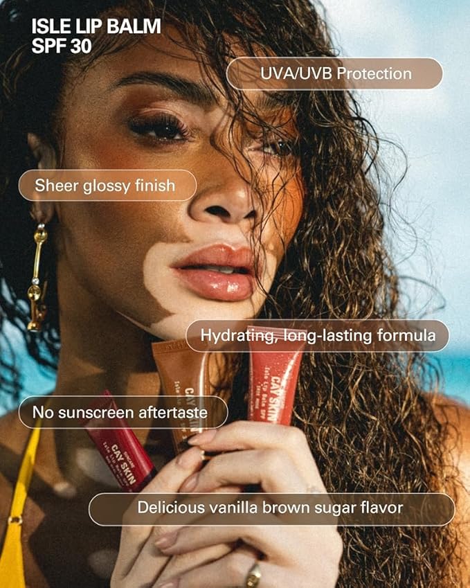 Cay Skin Isle Lip Balm SPF 30 – High Shine, Hydrating + Sheer Lip Gloss in Vanilla Brown Sugar Flavor – Formulated with Natural Ingredients for All Skin Tones – Coral, 0.35 oz