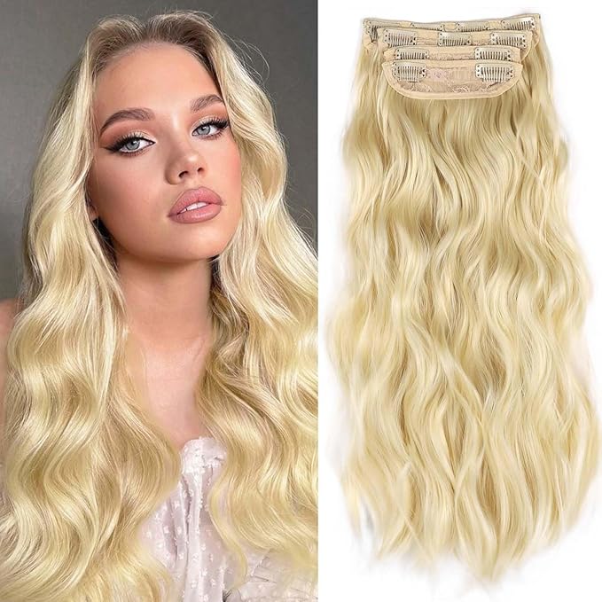 Long Wavy Clip in Hair Extensions 20inch blonde Synthetic Hair Clip in Extensions Thick Double Weft Highlights Hairpieces Full Head for Women (20INCH, 613#)