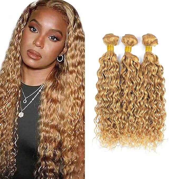 26 28 30 Inch Blonde Bundles Human Hair #27 Honey Blonde Water Wave 3 Bundle Unprocessed Brazilian virgin hair Weave Extensions Double Weft 50 Grams/Bundle Colored Blonde Bundles for Woman
