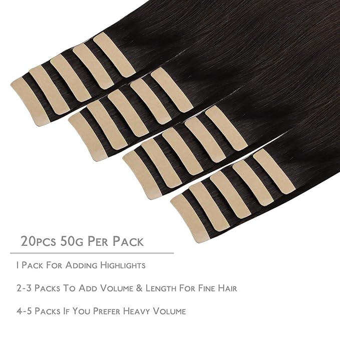 WENNALIFE Tape in Hair Extensions Human Hair, 20pcs 50g 24 inch Dark Brown Remy Hair Extensions for Women Tape Ins Straight Extensiones De Cabello Humano Skin Weft