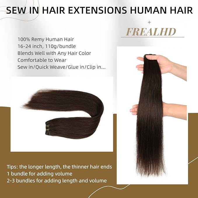 Sew in Hair Extensions Real Human Hair, 110g 22 inch #2 Dark Brown Straight Weave Bundles Human Hair Extensions Double Weft