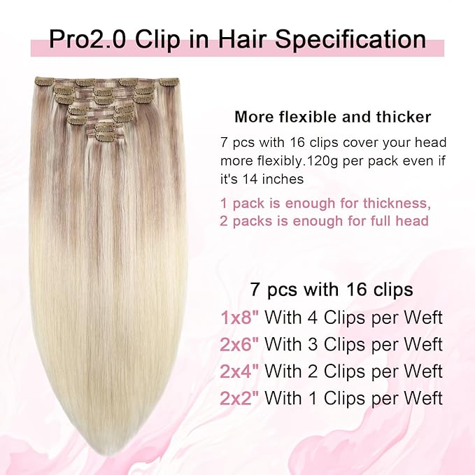 Pro2.0 Real Human Hair Extensions Clip ins 120g Thick 7pcs #18/22/60 Balayage Ash Blonde to Golden Blonde and Platinum Blonde Clip in Hair Extensions Real Human Hair 16inch（#18/22/60-16inch）