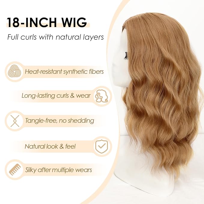 AISI HAIR Light Brown Wig for Women Medium Length Wave Curly Glueless Synthetic Heat Resistant Hair Wigs for Daily Party Cosplay