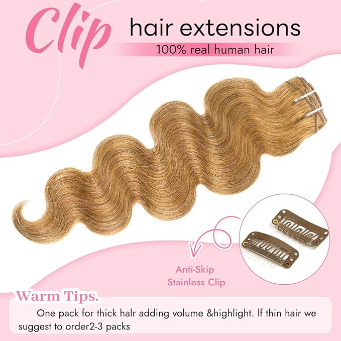 Clip in Hair Extensions Real Human Hair Body Wave 27 Honey Blonde Clip in 100% Brazilian Remy Human Hair Extensions 8pcs Per Set with 18 Clips Double Weft 22 Inch 110g/3.6oz