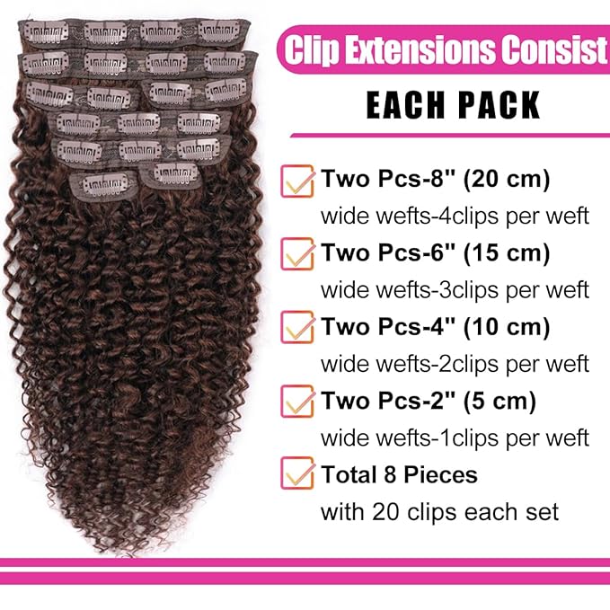Chocolate Brown 3C 4A Curly Clip In Hair Extension Real Human Hair Kinky Curly Clip Ins 16 Inch Brazilian Remy Human Hair Extensions Double Weft 8Pcs 110g Natural Black