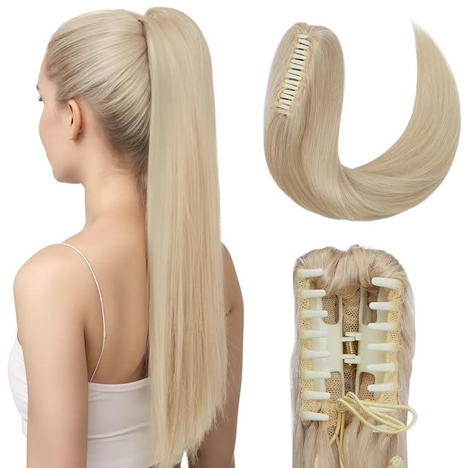 Hairro Claw Clip In Ponytails Extensions Jaw On Real Hair Ponytail Long Jaw/Claw Pony Tail With Clips Hairpieces For Women 18 Inch 115g #60 Platinum Blonde