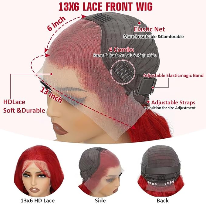 Ice Pear 28 Inch Red Wig Human Hair Pre Plucked Red Lace Front Wigs Human Hair 200% Density 13x6 Colored Wigs for Women Red Body Wave Lace Front Wig