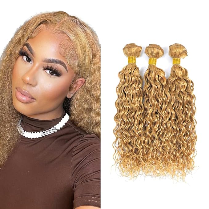 28 30 32 Inch Blonde Bundles Human Hair #27 Honey Blonde Water Wave 3 Bundle Unprocessed Brazilian virgin hair Weave Extensions Double Weft 50 Grams/Bundle Colored Blonde Bundles for Woman