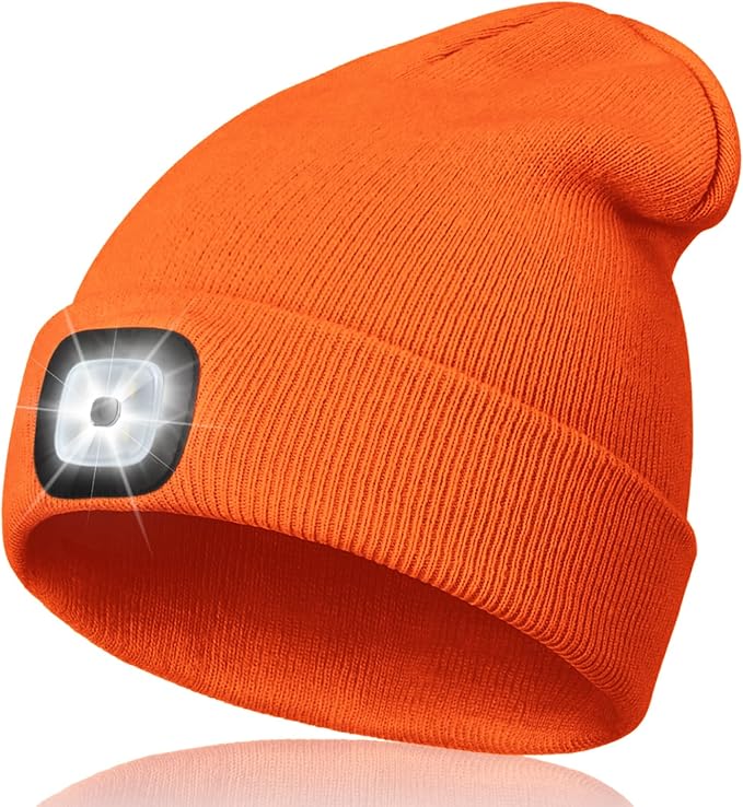 Unisex LED Beanie with Light, Rechargeable Headlamp Hat, Stocking Stuffers Christmas Gifts for Men, Warm Knitted Cap White Elephant Gifts for Dad Adults Teens Men Women Him