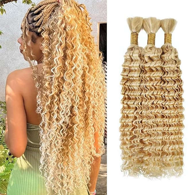 20 inch Blonde Human Braiding Hair 150g Honey Blonde Deep Wave Bulk Human Hair for Braiding No Weft 3 Braids Per Pack 27 Mixed With 613 Color