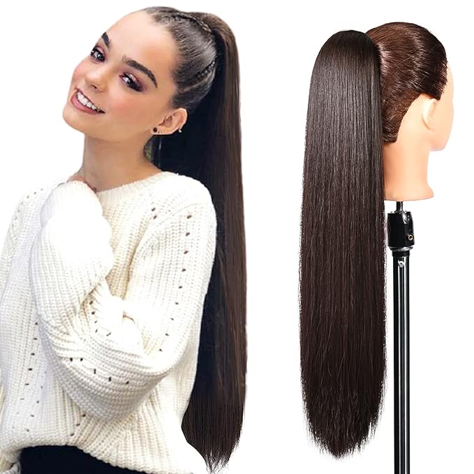 SEIKEA 28" Ponytail Extensions Drawstring Long Straight Fake Pony Tail Natural Soft Clip in Hair Extension Synthetic Heat Resistant Hairpiece - Dark Brown