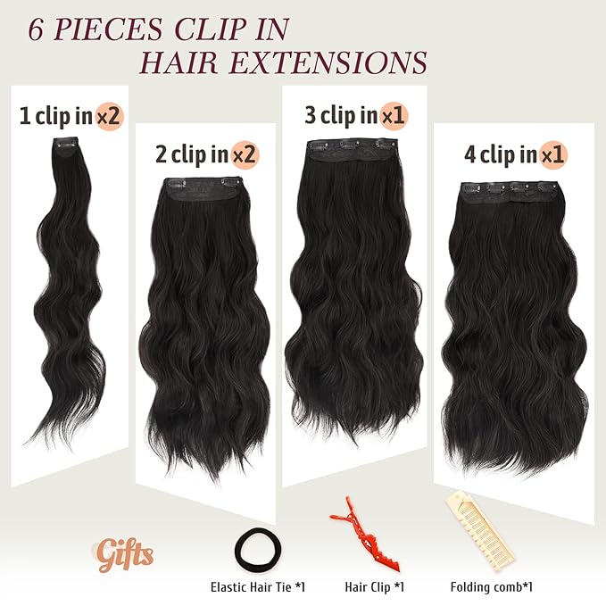 NAYOO Clip in Hair Extensions for Women 20 Inch Long Wavy Curly Brown Black Hairpieces Full Head Synthetic Hair Hairpieces(6PCS,Brown Black)