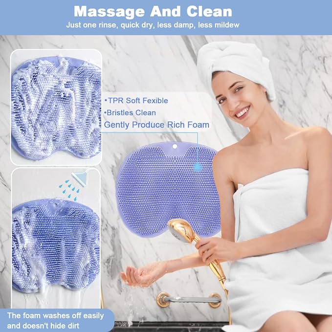 1 Pcs Shower Back & Foot Scrubber, Wall Mounted Back Scrubber Silicone Bath Massage Cushion Brush with Suction Cups, Bathroom Wash Mat Exfoliating Dead Skin Brush (L-Grey)