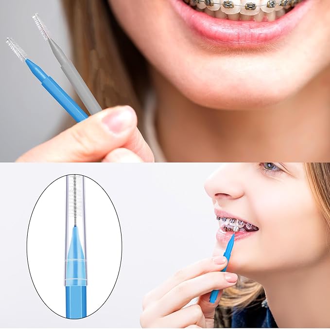Patelai 100 Pieces Braces Brush for Cleaner Interdental Brush Toothpick Dental Tooth Flossing Head Oral Dental Hygiene Flosser Toothpick Cleaners Tooth Tool(Blue, Grey,Mixed Sizes)